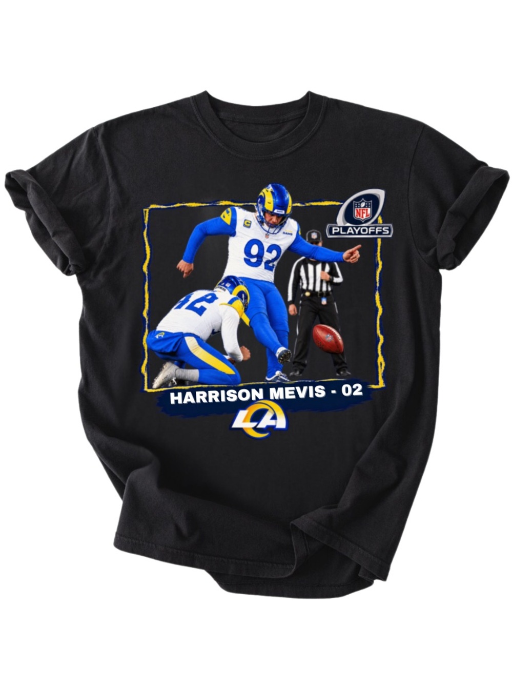 Los Angeles Rams Harrison Mevis Black Playoffs T-Shirt